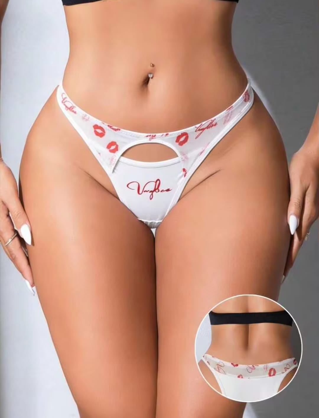 Women's White V-Waist Keyhole Thong Panties with Red Lip Print & Script Embroidery